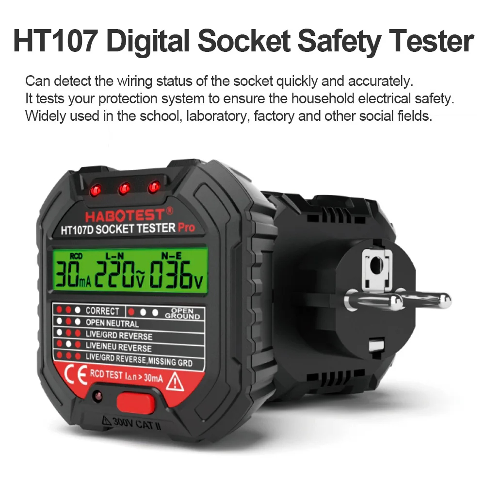 Ht106/ht107 digitale steckdosenprüfgeräte, spannungsprüfer, steckdosentester für us/uk/eu-stecker, erdungs-, nullpunkt-, leitungs- und phasenprüfung, rcd-ncv-tester