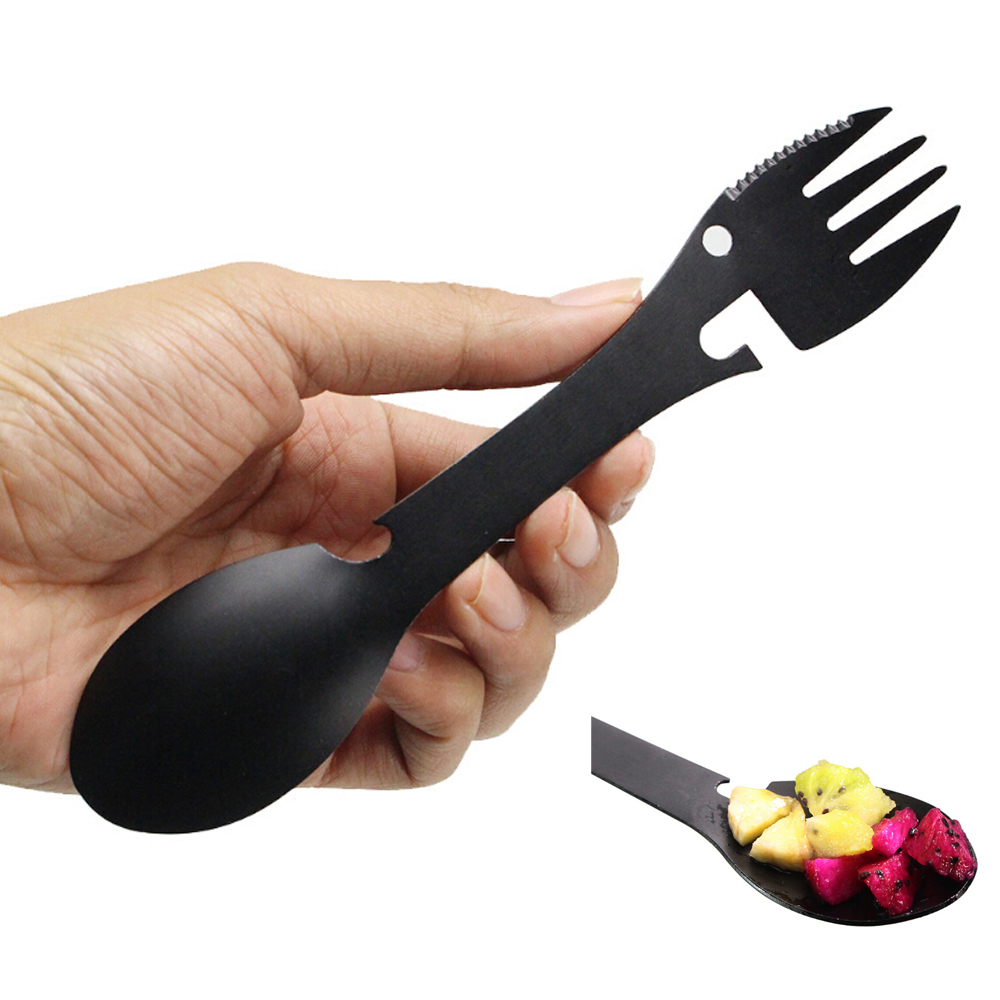 5-IN-1 Bestek Camping Lepel Vork Voedsel Cutter Kan Flesopener multifunctionele Picknick BBQ Roestvrij staal Outdoor Servies