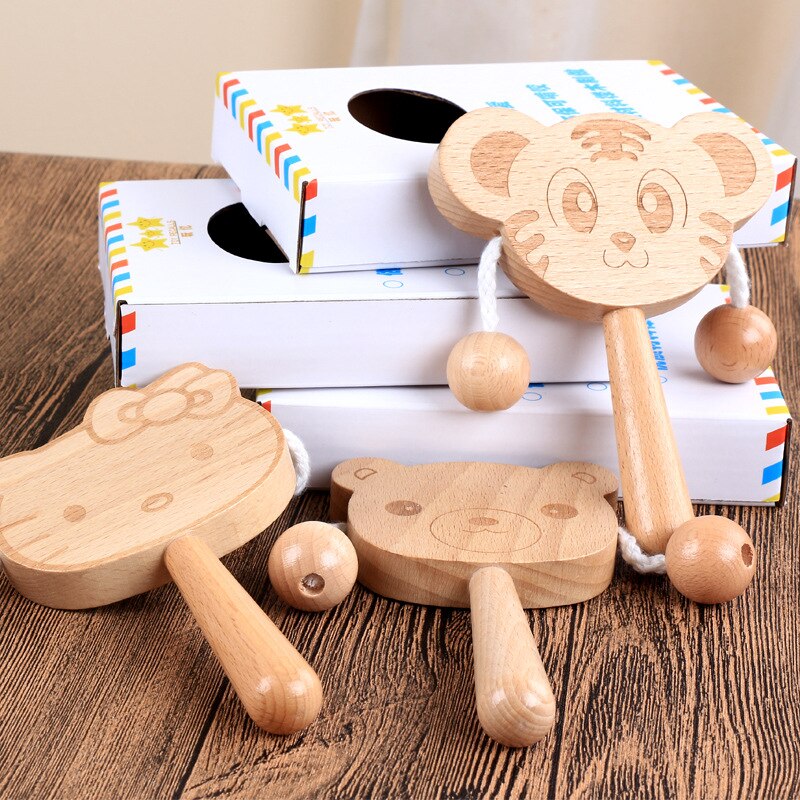 High-grade beech wood rattle rattle double-sided animal cartoon coax baby puzzle musical instrument hand drum