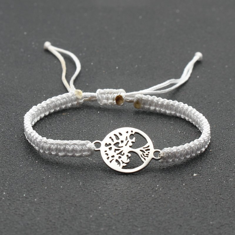 Pulsera de cuerda hecha a mano para hombre y mujer, brazalete de acero inoxidable con colgante de árbol de la vida, ajustable, para pareja: White