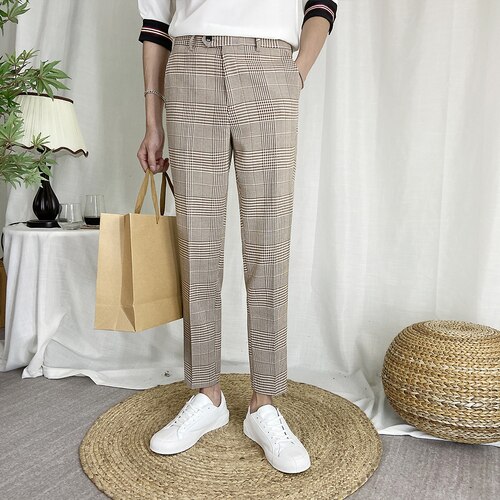Koreanske menn rutete dressbukser formell forretningskjolebukser uformelle slanke bryllupsbukser kontor sosial streetwear klær: kaki / 32