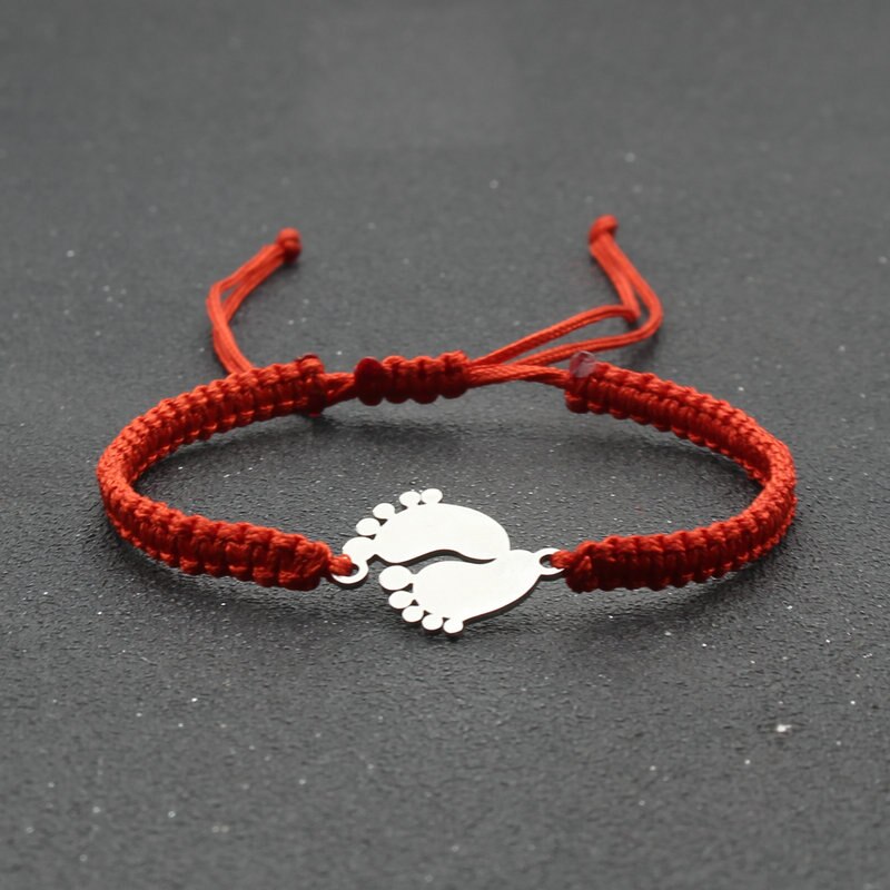Bransoletka amulet ze stali nierdzewnej para urocza mała stopa szczęście czerwona nić plecione bransoletki i Bangles dla kobiet mężczyzn biżuteria mankiet: Red