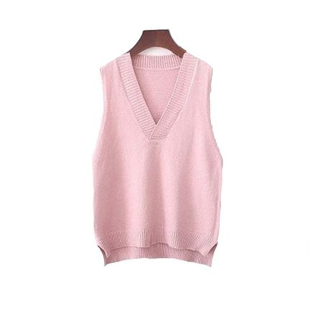 V-hals strikket vest dame sweater efterår og vinter koreansk løs vild sweater vest ærmeløs sweater  pz3544: Lyserød