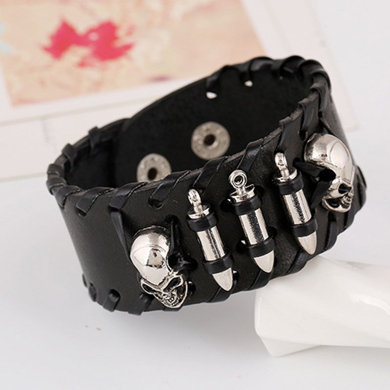 Mens Braccialetto di Cuoio Nero largo Braccialetti A Fili Multipli E braccialetti musica rock Testa Del Cranio E proiettili Argento Placcato Palline di Fascino Dei Monili Delle Donne