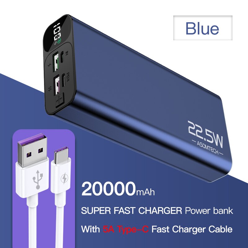 TOPZERO 20000mAh Power Bank PD QC 3.0 VOOC 22.5W Super Fast Charger Digital Display Portable Charger Powerbank For Mobile Phones: Blue with 5A Cable