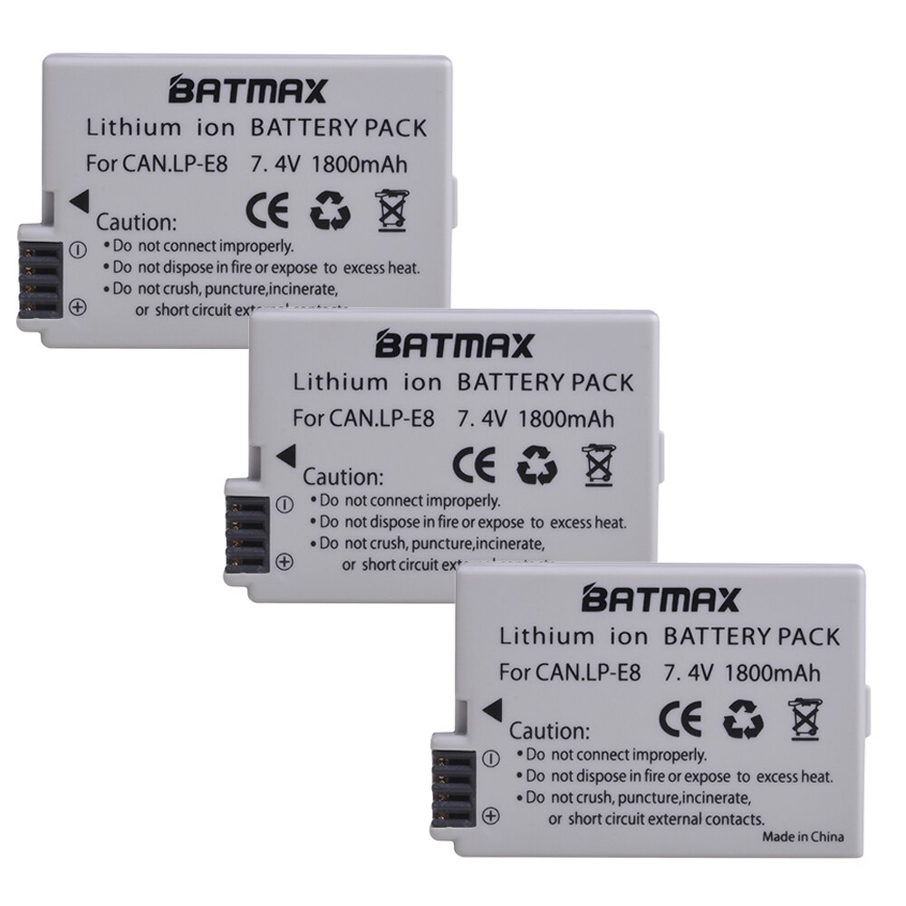 Batmax LPE8 LP-E8 LP E8 Battery+LCD USB Dual Charger with Type C Port for Canon EOS 550D 600D 650D 700D Rebel T2i T3i T4i T5i: 3 battery