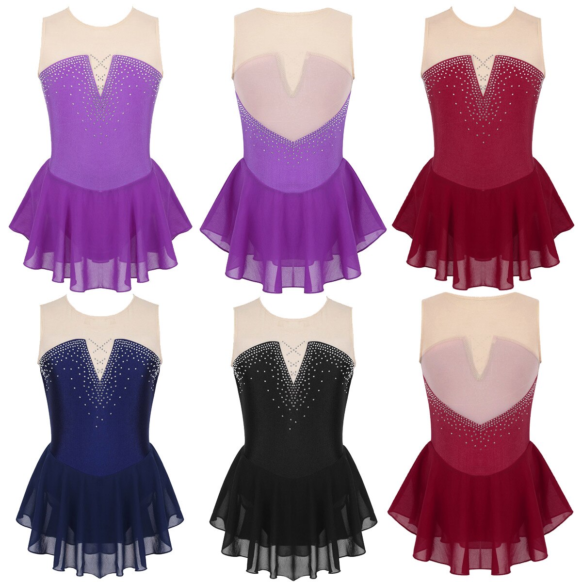 Îmbrăcăminte de dans din plasă cu strasuri strălucitoare pentru copii, costum de performanță pentru competiție, balet, gimnastică, tricou pentru fete, rochie de patinaj artistic