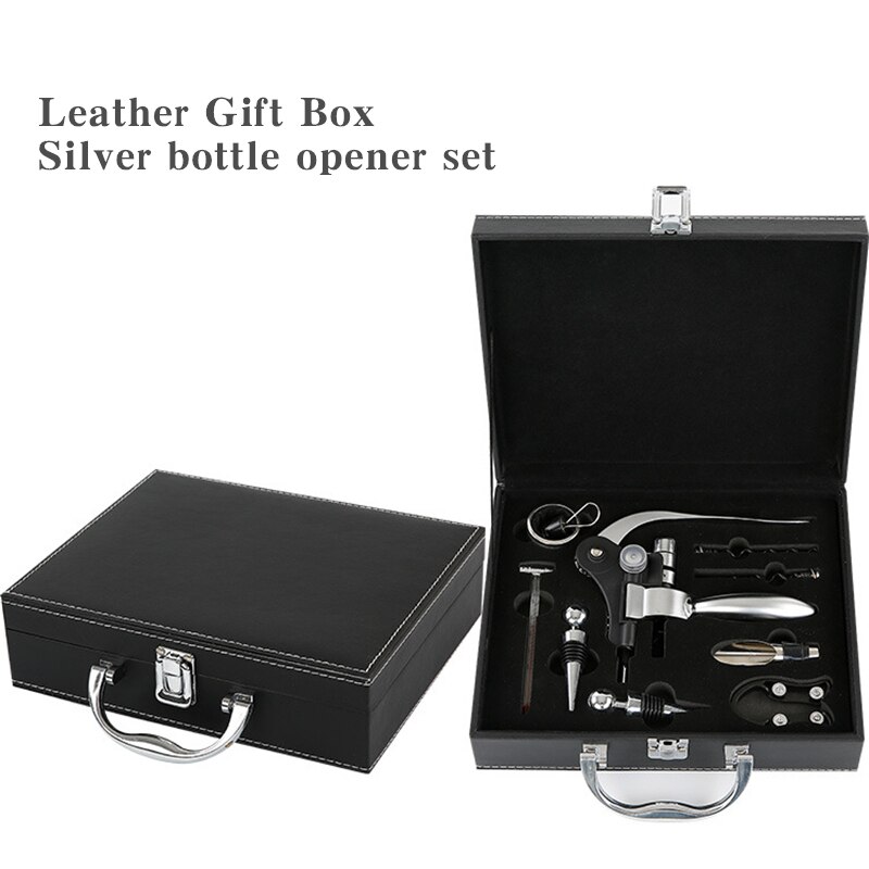 Red Wine Corkscrew Set 9 pcs/set Zinc Alloy Rabbit Shape Red Wine Opener Tools Luxury Wooden Box Packaging: LeatherSilver