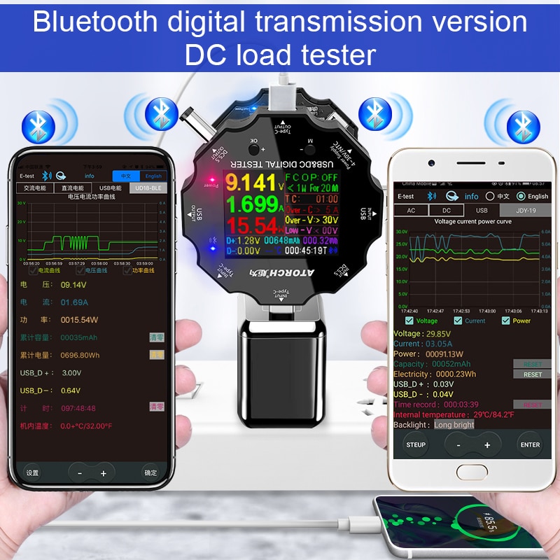 Farve app batteri tester elektronisk belastning 18650 kapacitet monitor indikator afladning opladning usb meter  dc 12v strømforsyning checker