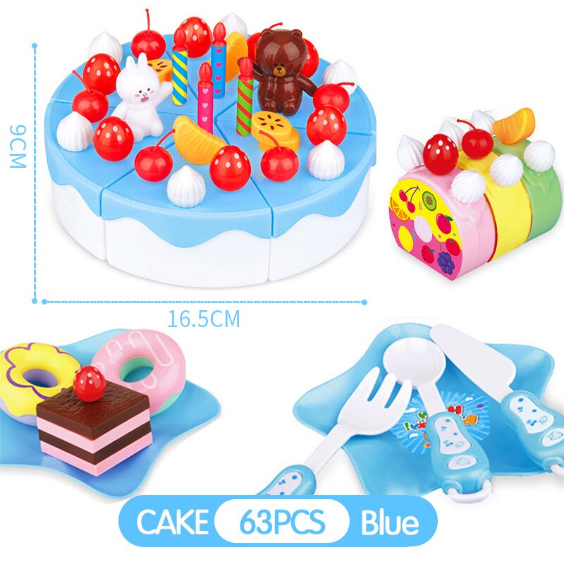 39-103Pcs Kids Cartoon Cake Pretend Play Kitchen Toys Fruit Cake Cutting Birthday Cake Sets Play House Toy for Children Girls: TC0080  HHDG63 BLUE