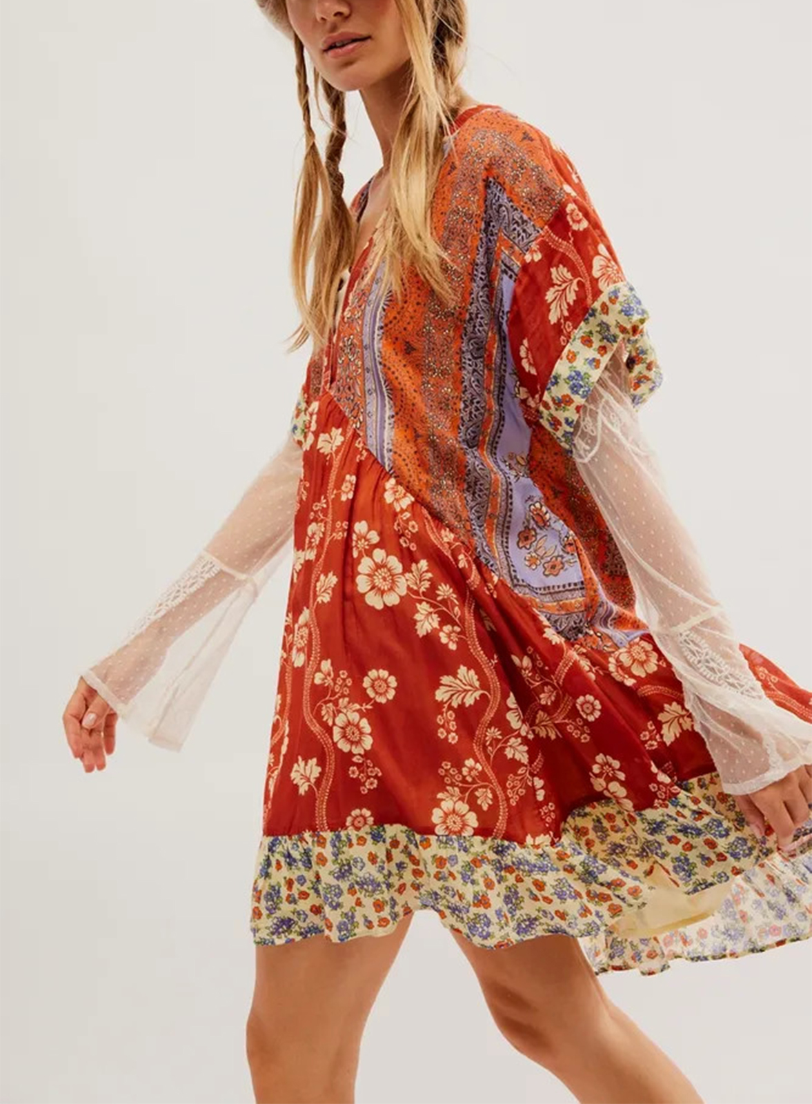 Kvinners sommer babydoll-kjole bohemsk blomstertrykk kortermet v-hals flagrende kjole med lommer fritids-retro