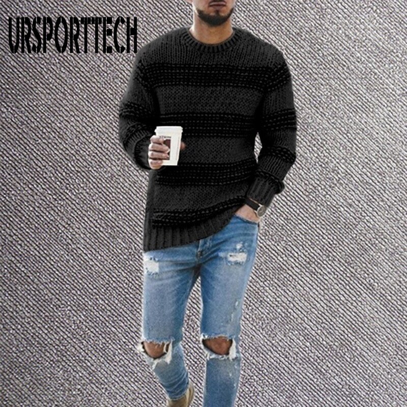 Mærke herresweater efterår vinter pullover uld slim fit striktrøje stribet herretøj afslappet patchwork pull homme