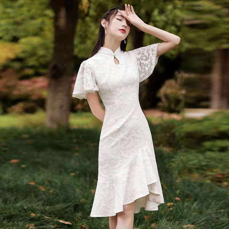 Qipao-vestido blanco de encaje con mangas abullonadas para mujer, ropa tradicional China moderna, Cheongsam Vintage mejorado para , 2022: L