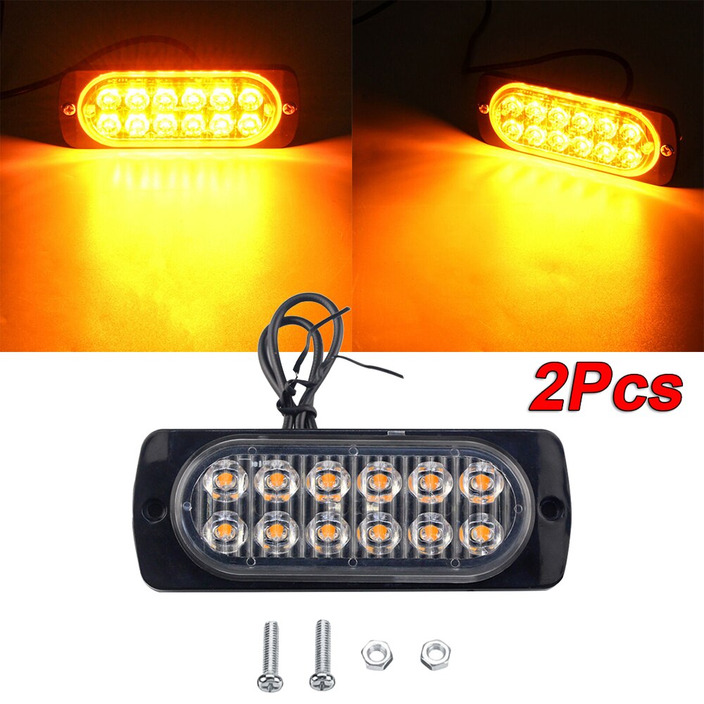 2pcs 12 LED Car White Amber Emergency Strobe Light Bar Flash Dash Warning Lamp