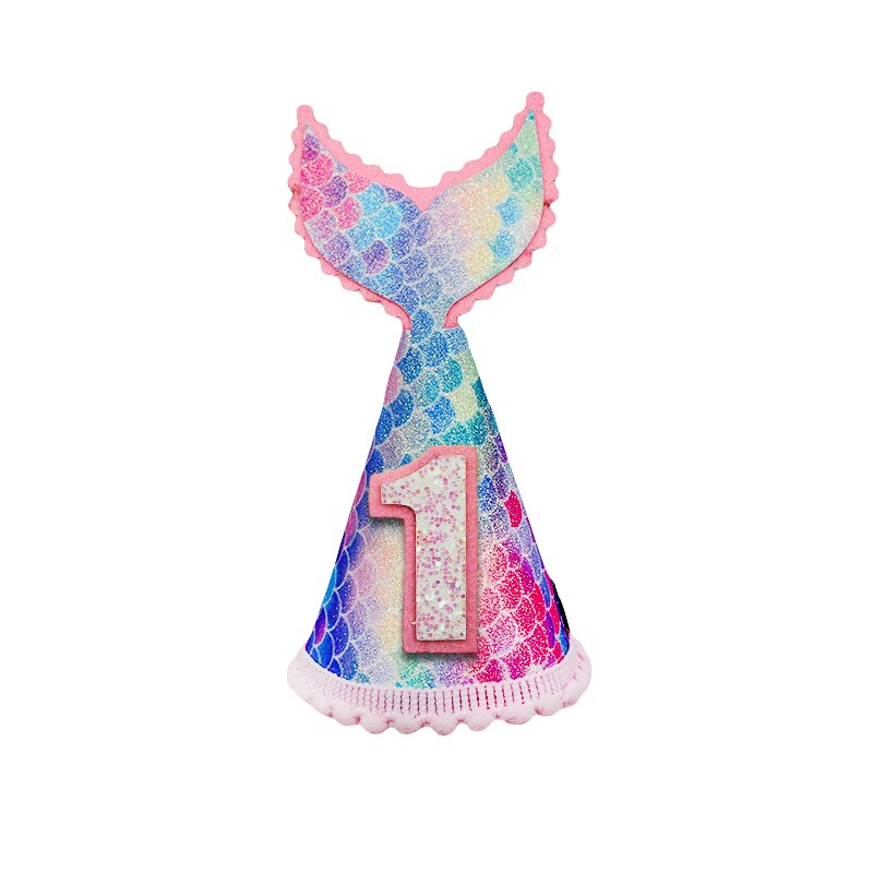 Happy Birthday Hat 1st 2nd 3rd Year Old Kids Girl Birthday Baby Shower Mermaid Tail Headband Hat Decoration Party Supplies: A10