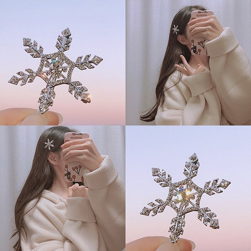 Christmas Hair Ornaments Charm Rhinestone Geometric Snowflake Hair Clips Snow Bling Women Kids Birthday Jewelry