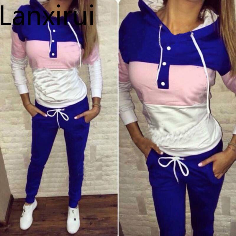 Frauen Zwei Stück Kleidung Set Herbst Trainingsanzug Patchwork Hoodie Sweatshirt Lange Hose Jogger Outfit Set Weibliche Schweiß Anzug: Blau / S