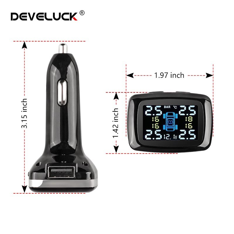 TPMS cigarette lighter car tire pressure high sensitivity alarm system external internal sensor LED display USB external port