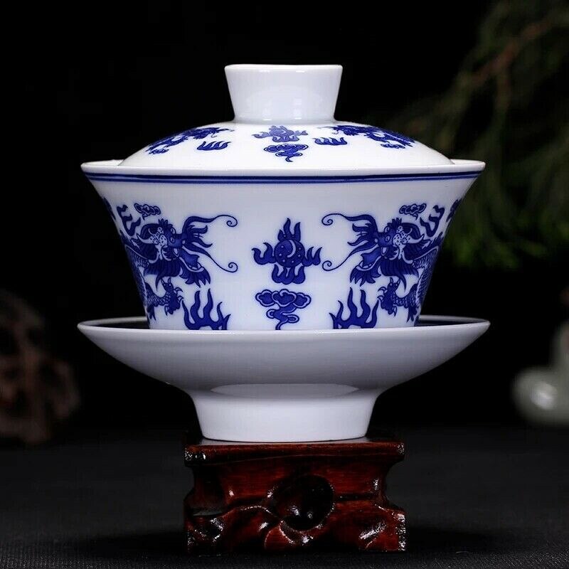 Kung fu te ceremoni 230ml drager gaiwan kinesisk blå og hvid porcelæn te kop og underkop sæt