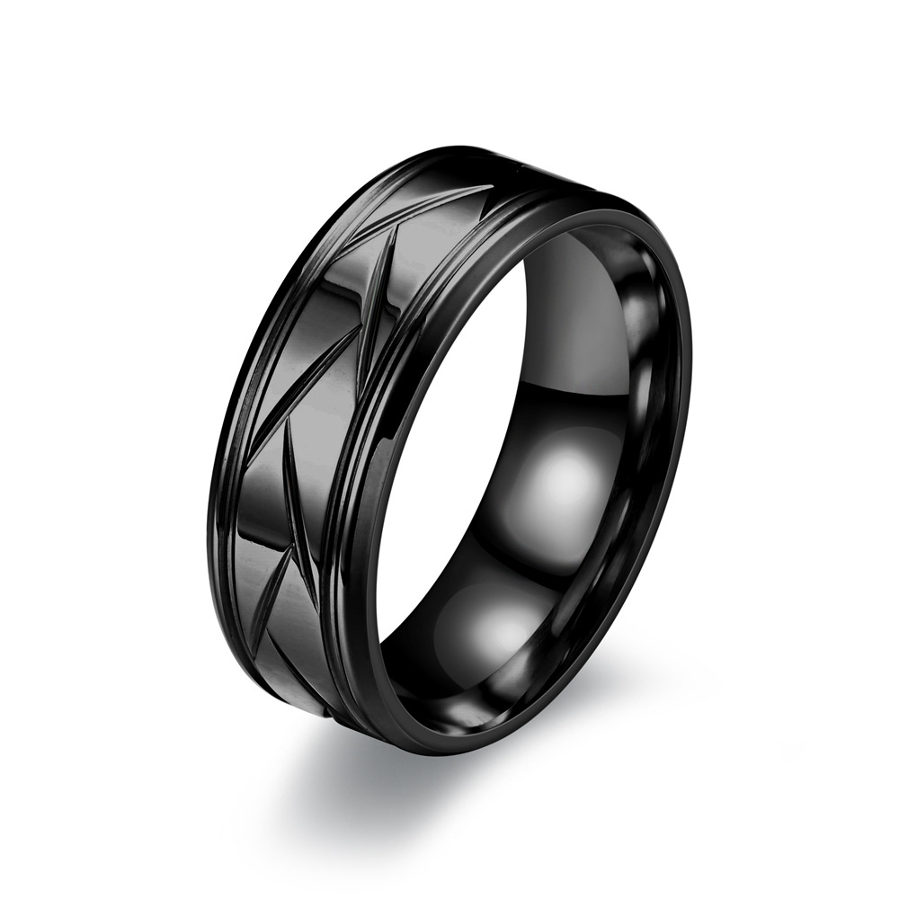 Men’s Silver Color Black Stainless Steel Ring Groove Multi-Faceted Ring for Men Women Engagement Ring Anniversary: 2 / black