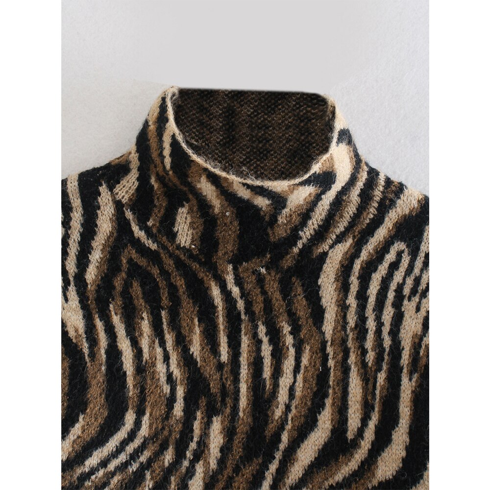 Women Jacquard Animal Print Knit Sweater High Neck Long Sleeves Chic Lady Woman Casual Pullover Warm Knitwear Top
