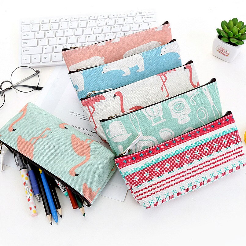 1PC Cute Polar Bear Canvas Pencil Cases Student Stationery Pen Bag School Office Pencil Bags Lovelty Pencil Pouch