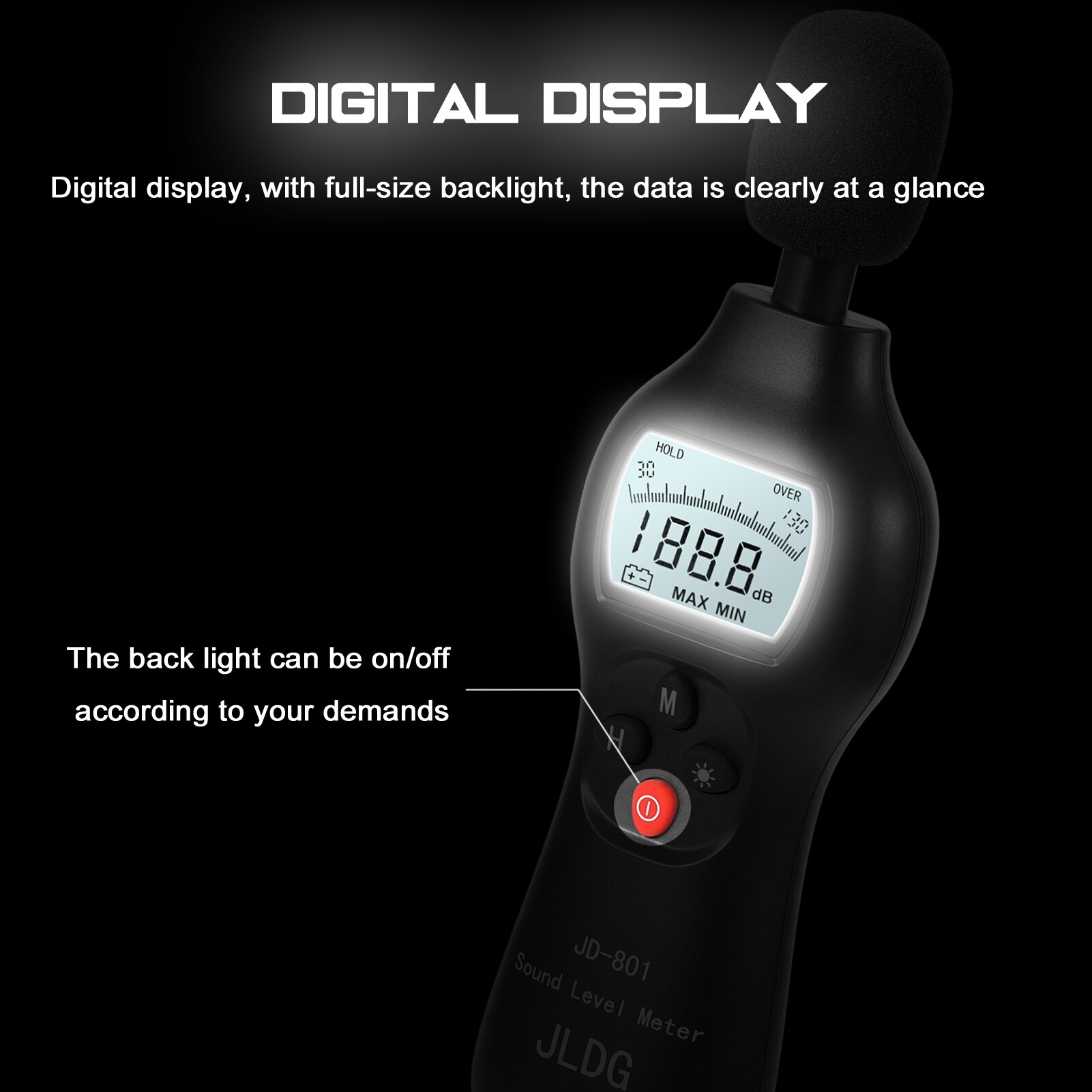 JD-801 Digital Noise Detector Mini Lightweight High Accuracy Decibel Monitoring Device Sound Level Meter with Backlight ON/OFF