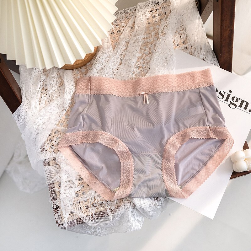 Women Cotton Underwear Sexy Striped Ice Panties Japanese Cute Girl Comfort Briefs Summer Bow Underpants Female Lingerie: Silver gray