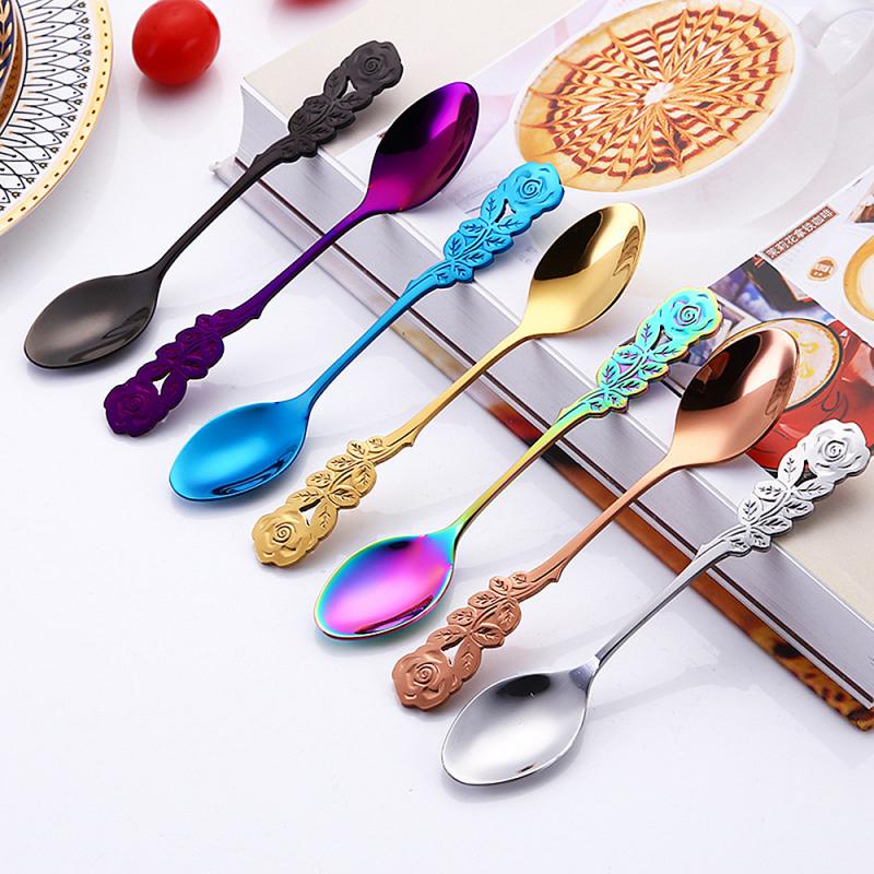 1pcs Stainless Steel Teaspoon Tea Ice Cream Spoon Coffee Dessert Spoon Cteative Rose Flower Handle Tableware Kitchen Gadget