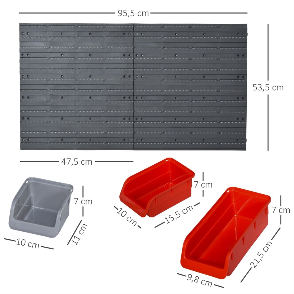 DURHAND Panel organizador de herramientas Estanterías de Almacenaje con 28 Cajas Apilables y Diferentes Gancho Gris y Rojo