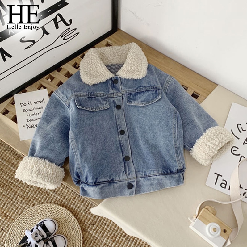 HE Hello Enjoy Jacket For Girls Boys Autumn Winter Plus Cashmere Thicken Coat Children Clothes Warm Baby Denim