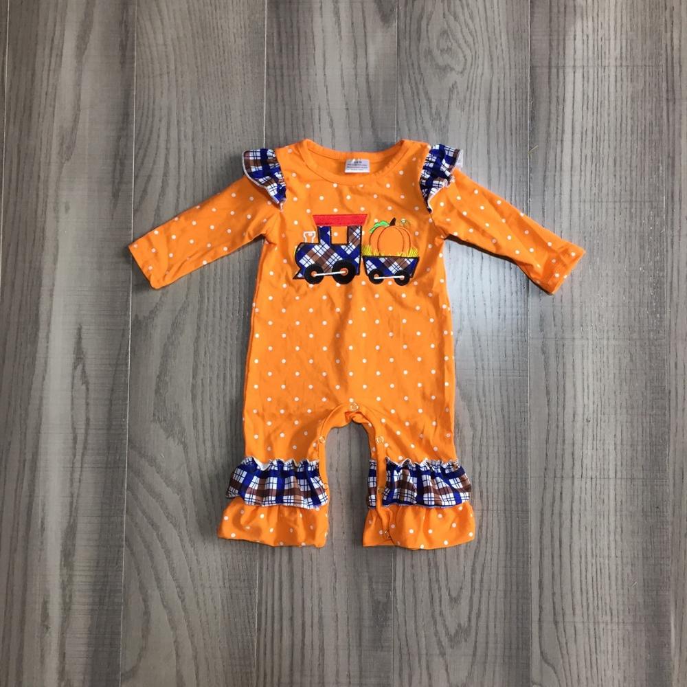 Girlymax Thanksgiving Halloween Baby Meisjes Peuter Orange Pompoen Truck Boerenbont Kleding Baby Katoenen Romper Lange Mouw Ruches: 12m