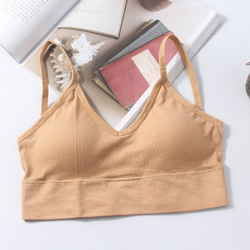 Women Summer Seamless Bras Cotton Crop Tops Bralette Solid Color Bra Deep V Sexy Comfortable Wire Free Underwear: Nude