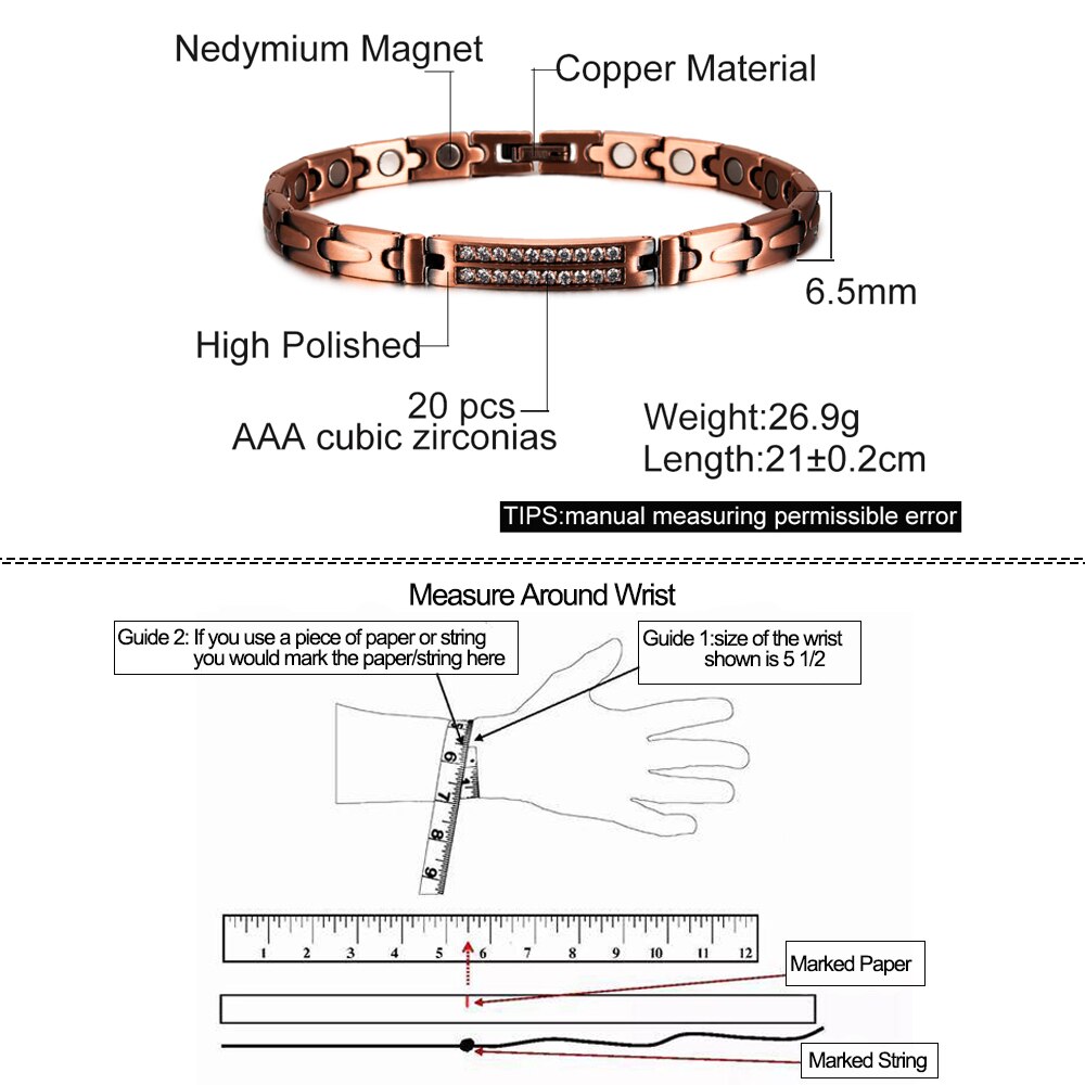 Magnetic Pure Copper Bracelets for Women Cubic Zirconia Chain Link Copper Magnetic Bracelet Arthritis Health Energy Arthritis