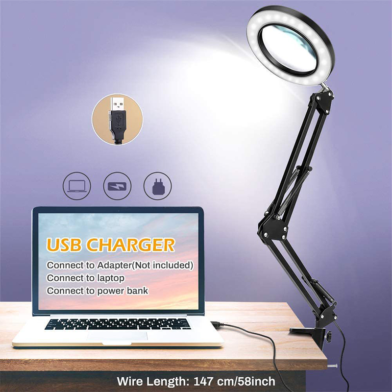 Lampe de Table LED pliable avec loupe éclairée 5X, USB, 3 Modes de couleurs, loupe pour fer à souder, réparation/soudage/lecture