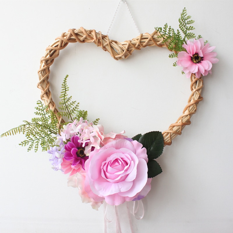 Romantische Hartvormige Rose Opknoping Krans Bloemen Krans Met Bamboe & Kant Voor Thuis Deur Muur Decor Trouwauto Decor bloemen