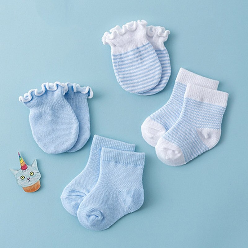 4 pares meias recém-nascidos conjunto de luvas de algodão macio bebê menina menino meias anti-risco rosto do bebê mittens meias: blue