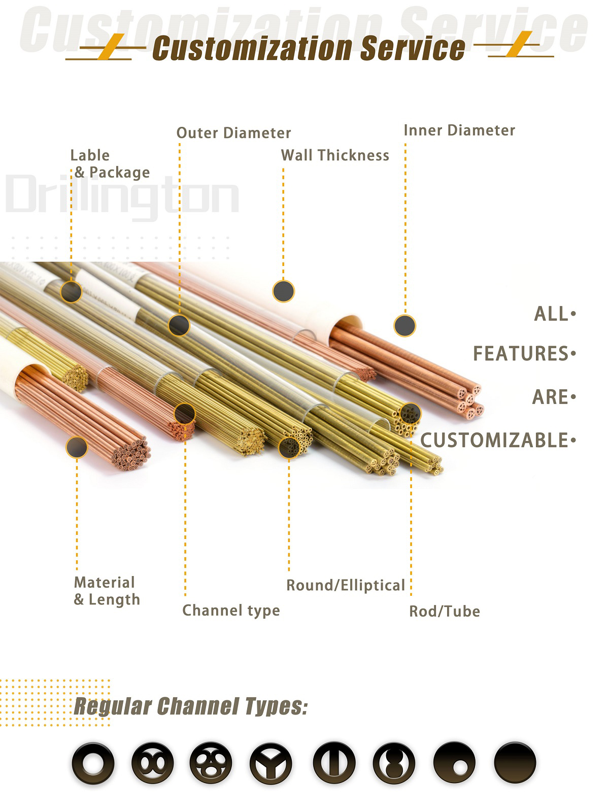 Drillington EDM Tube Brass Copper Tube High Precision 1.0mm 1.1mm 1.2mm 1.3mm 400mm 500mm Single Hole Electrode Tubes