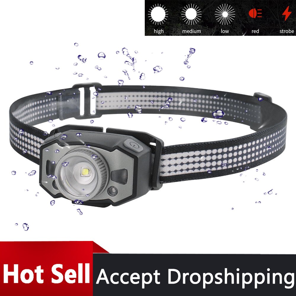 Led oplaadbare usb hoofdlamp voor buiten, waterdicht, zoom zaklamp, kamperen, 5 modi hoofdlamp met intelligente bewegingssensor