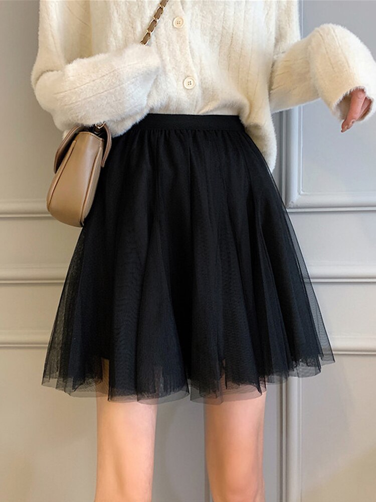 Minifalda de tul para mujer, Falda corta de malla coreana, cintura alta elástica, color negro liso, ropa de mujer,