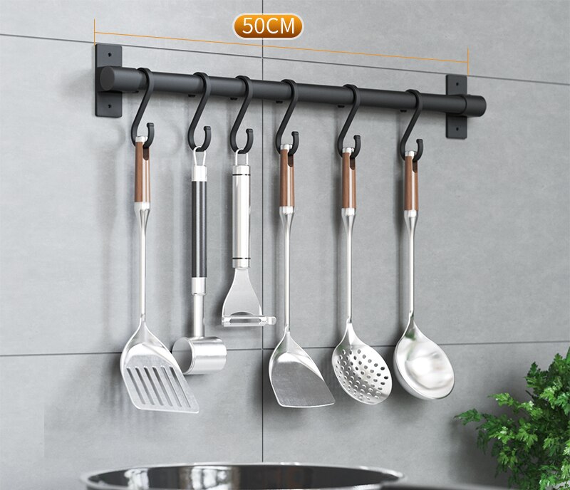 Aluminum Alloy Wall Mounted Kitchen Storage Rack Dish Drainer Plate Drying Pot Cover Cutlery Holder Pantry Oragnizer Accessories: 50cm Rod(8 Hooks)