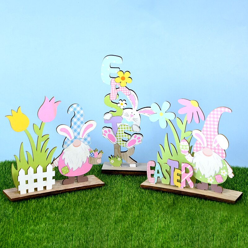 Happy Easter Spring Wooden Letters Decoration Easter Ornaments Bunny Carrot Faceless Gnome Wood Craft Kids Toys Party Decor