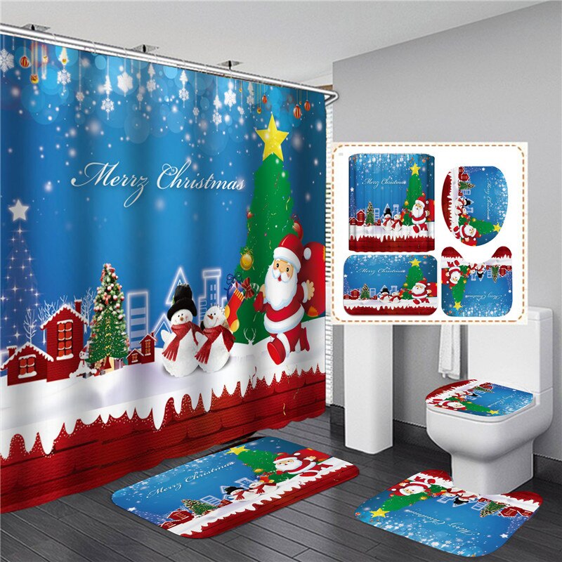 Merry Christmas Shower Curtain Set with Rugs Waterproof Curtain Bathing Screen Anti-slip Toilet Lid Cover Rugs Bathroom Decor