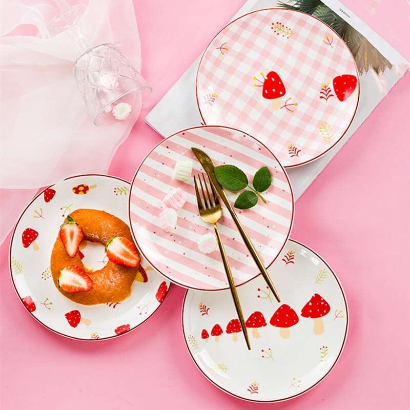 Chinaware conjunto de placa 4 pçs bonito desenhos animados cozinha do agregado familiar porcelana talheres sobremesa salada pratos cerâmica esmalte placa: D  4pcs