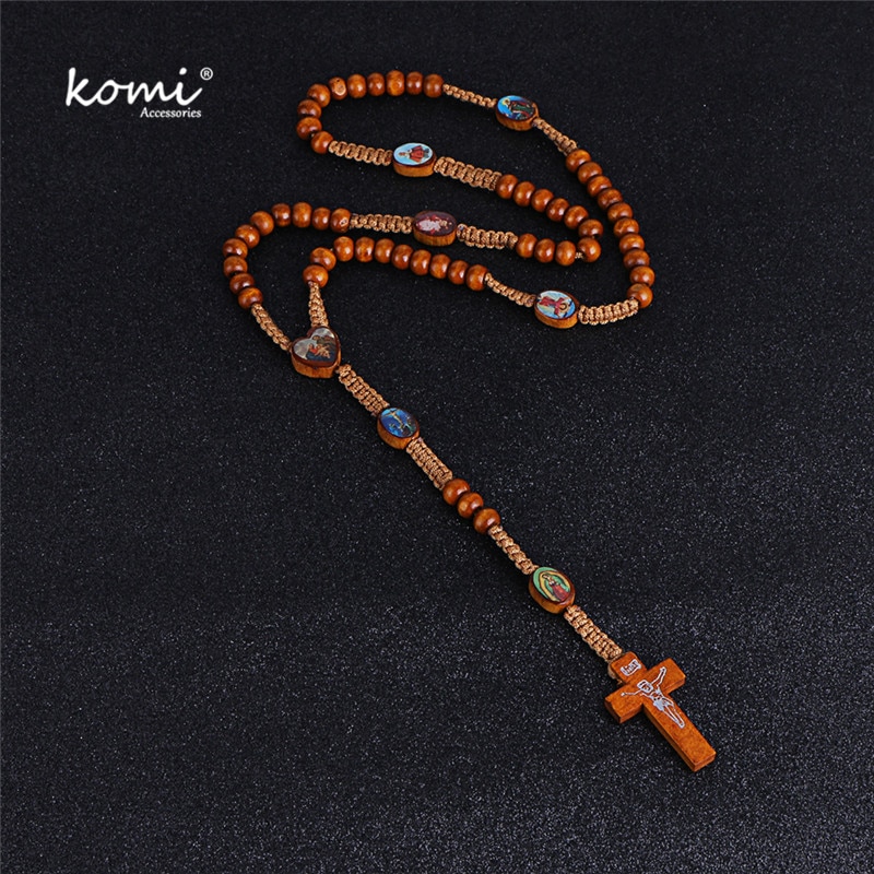 Komi Wooden Beads Cord Rosary Necklace St Benedict Medal Jesus Cross Pendant Necklace Catholic Religious Jewelry R-017