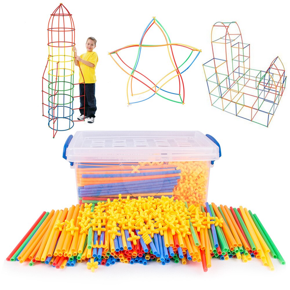 DIY Plastic Building Blocks Stitching Inserted Construction Assembled Blocks Straw Educational Toys for Children