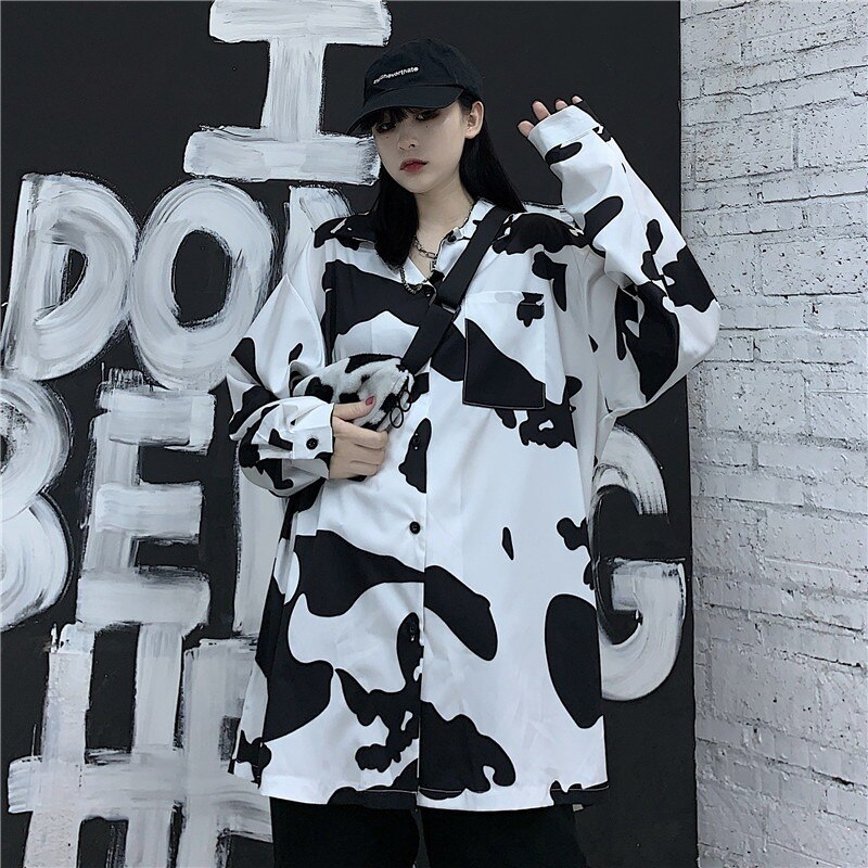 QWEEK Harajuku Shirt Women Korean Style Cow Print Blouses Oversized Streetwear Button Up Shirt Long Sleeve Casual