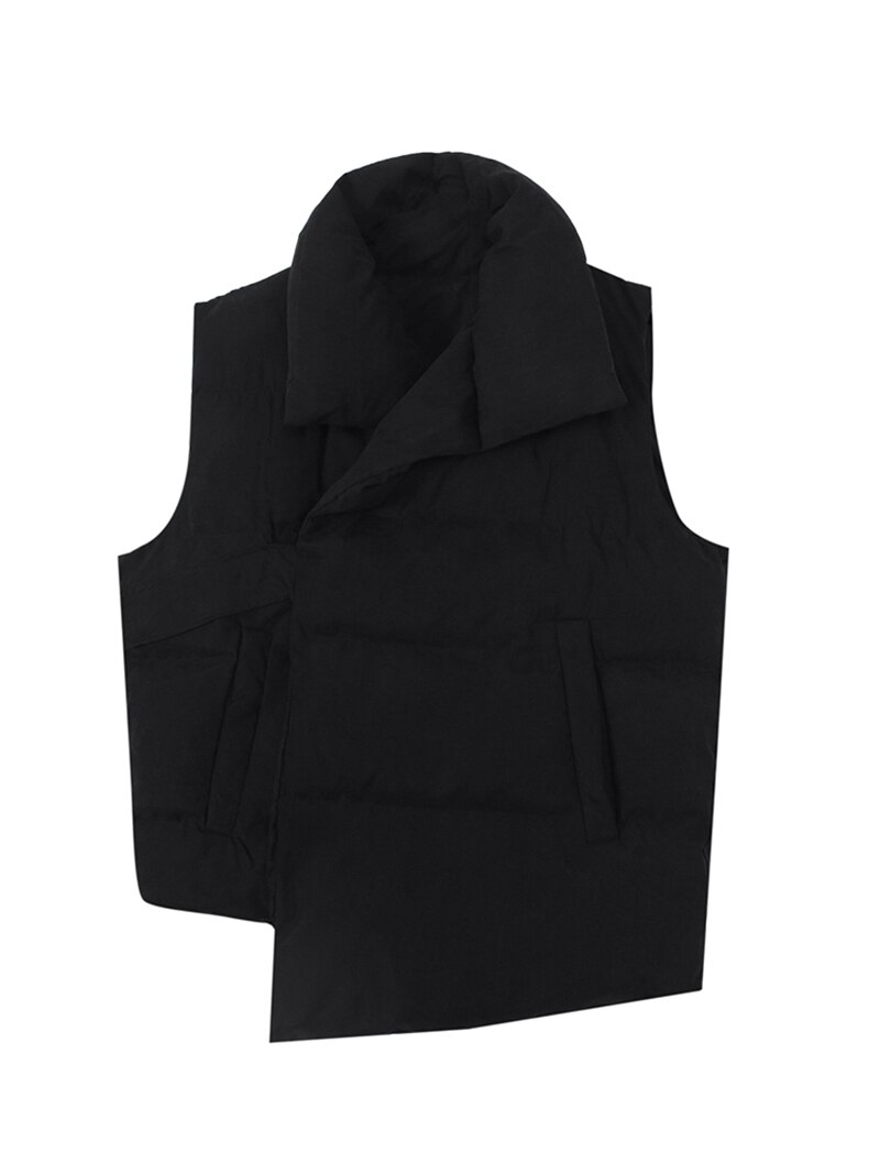 [Eam] feminino preto assimétrico tamanho grande algodão-acolchoado solto ajuste colete nova lapela sem mangas moda maré primavera outono 2020 1n320: S