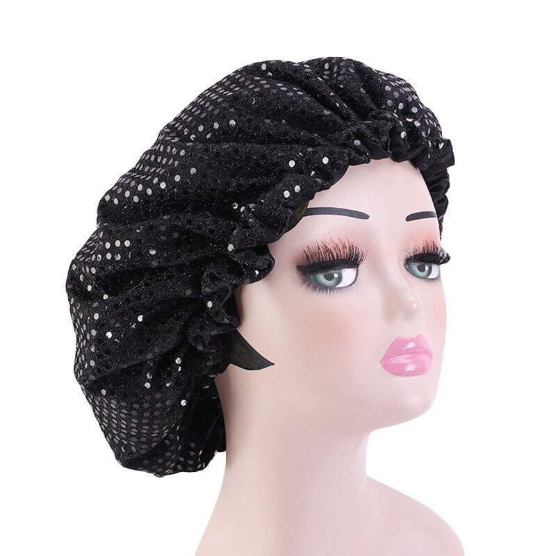 Grand Bonnet en Satin doublé pour femmes, grande taille, paillettes, soie, pour dormir la nuit, couvre-tête,: Black