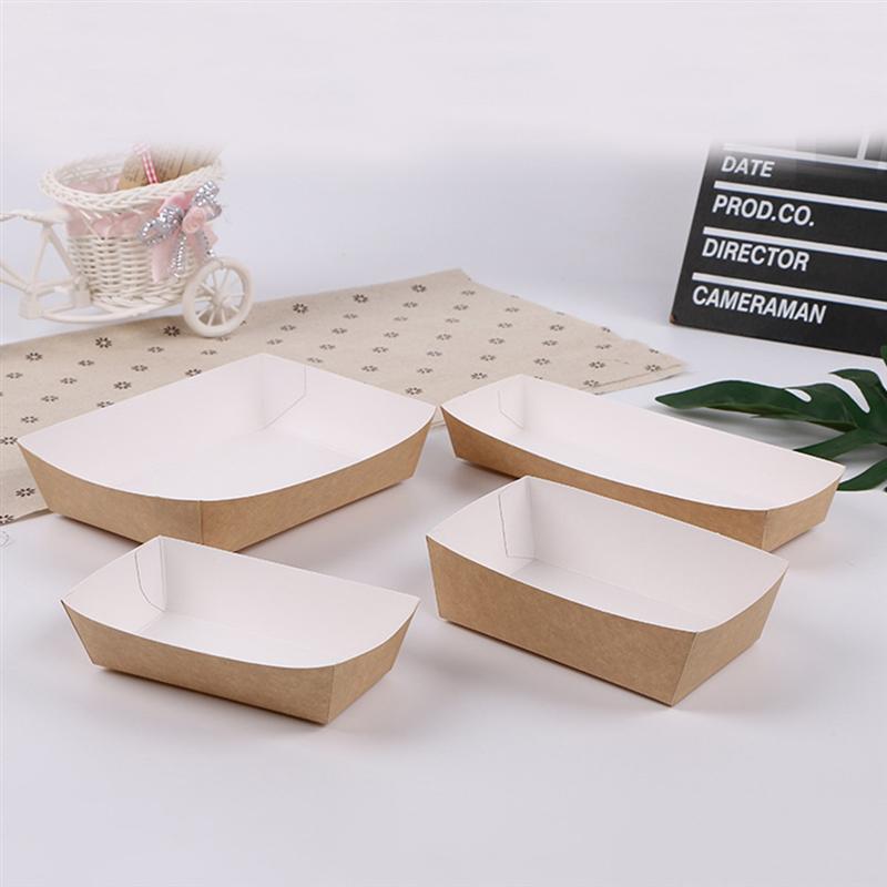 100/50Pcs Disposable Paper Food Serving Tray Kraft Paper Take-Out Boat Shape Snack Open Box French Fries Chicken Storage Tray